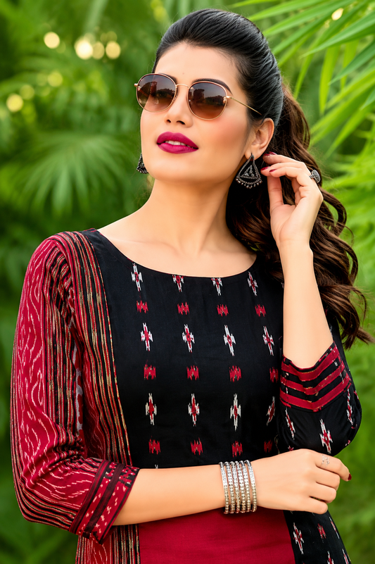 Black & Maroon Sambalpuri Ikat Cotton Kurti