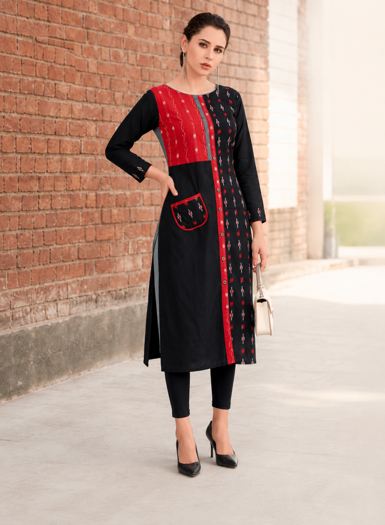 Black & Red Sambalpuri Ikat Cotton Kurti