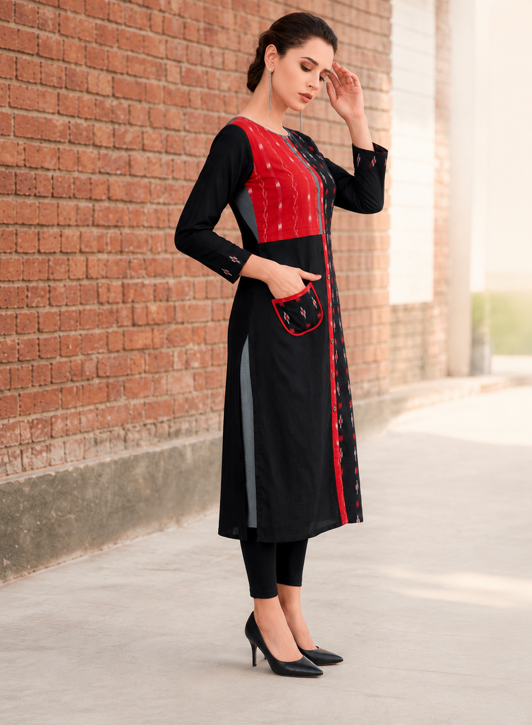Black & Red Sambalpuri Ikat Cotton Kurti