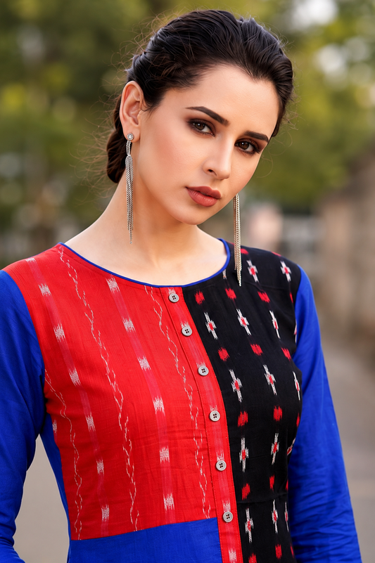 Royal Blue & Red Sambalpuri Ikat Cotton Kurti