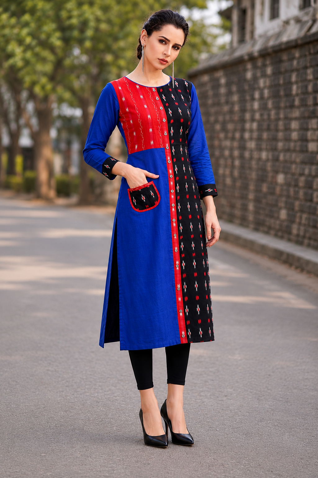 Royal Blue & Red Sambalpuri Ikat Cotton Kurti