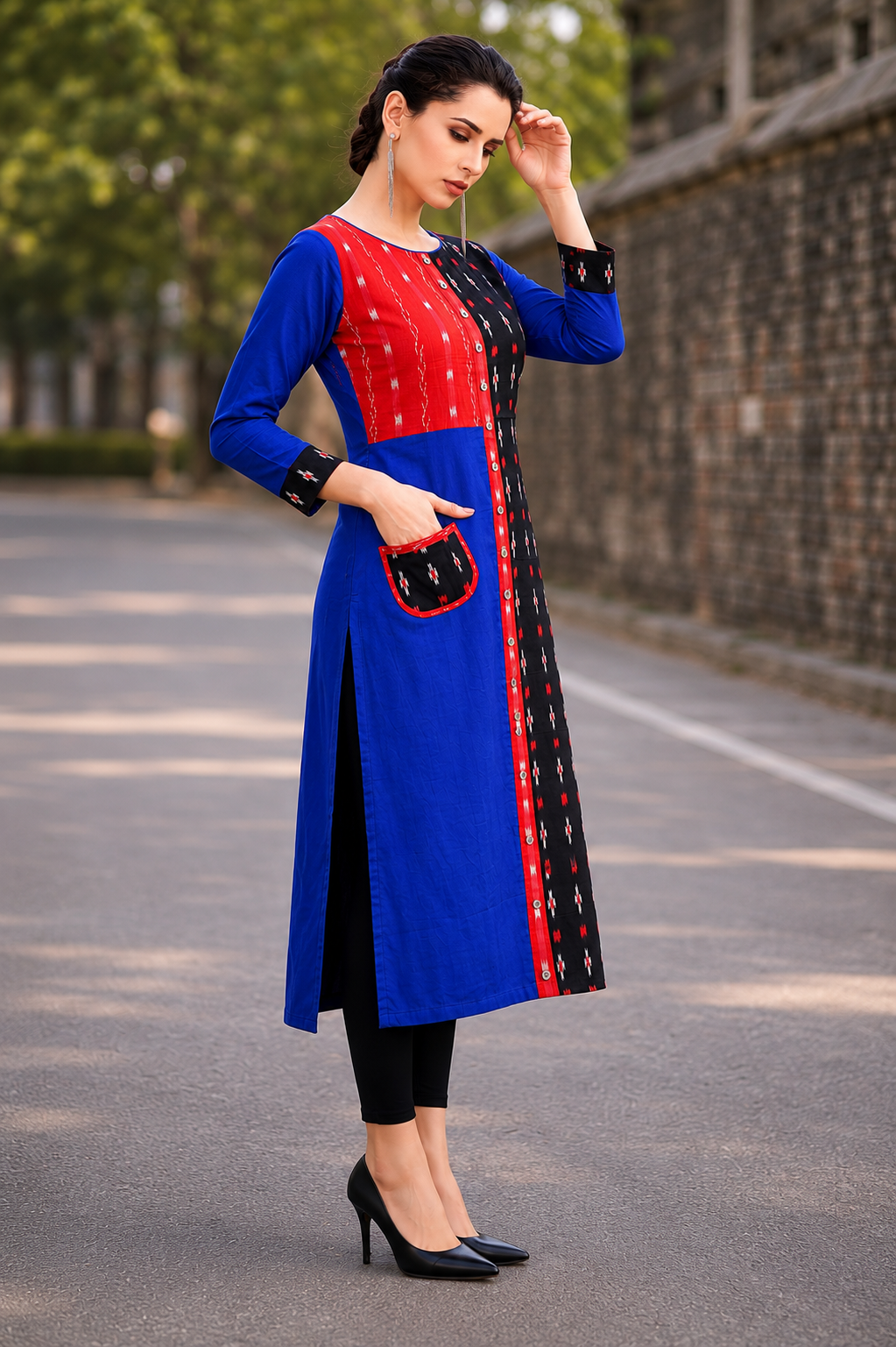 Royal Blue & Red Sambalpuri Ikat Cotton Kurti