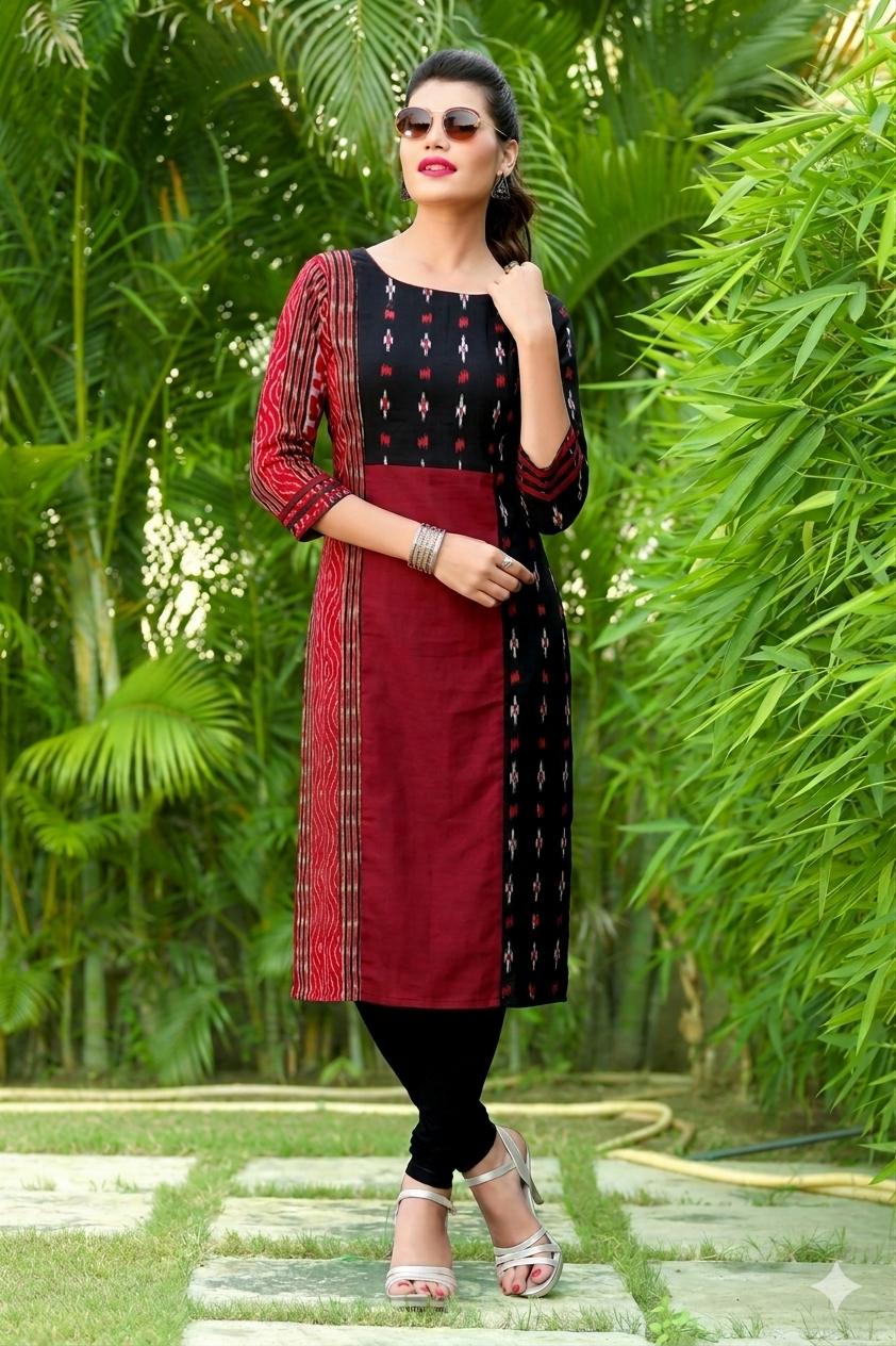 Black & Maroon Sambalpuri Ikat Cotton Kurti