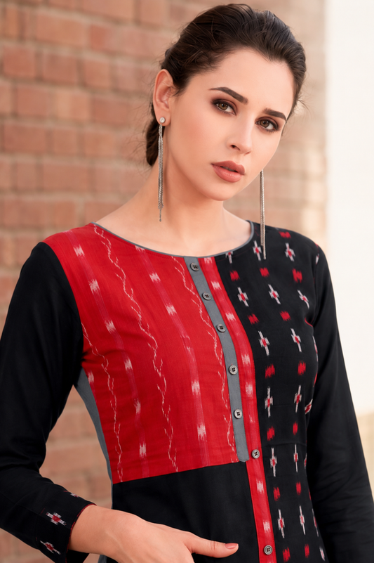 Black & Red Sambalpuri Ikat Cotton Kurti
