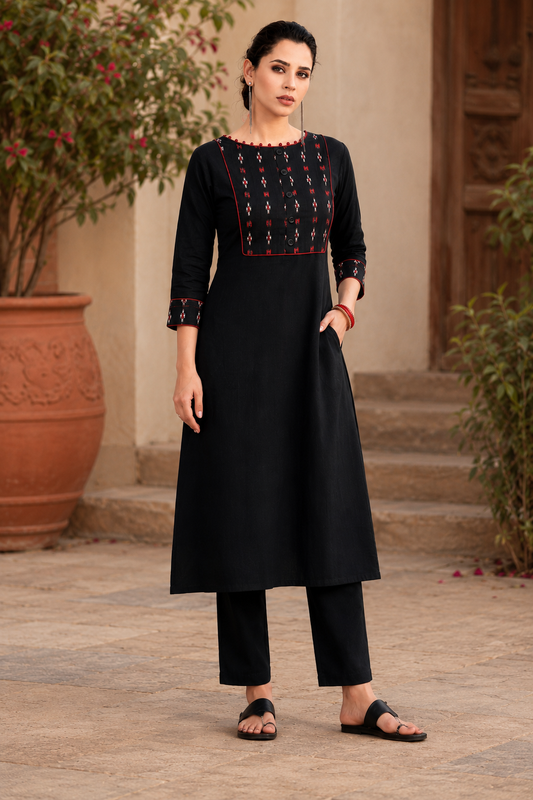 Black Sambalpuri Ikat Inspired Cotton Kurti